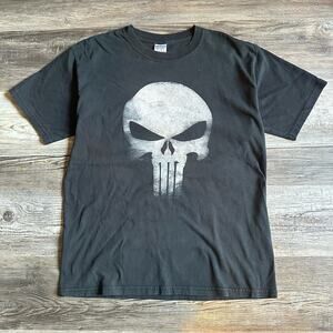 Vintage Y2K Black White Gildan Punisher Marvel Antihero Skull Double Graphic Tee